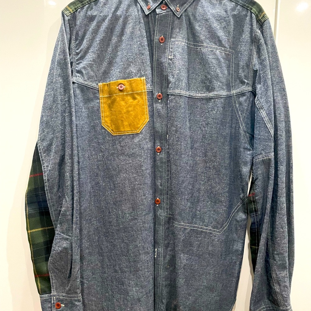 Blue Jean Button down Shirt from Junya Watanabe w/ khaki pocket and Plaid design